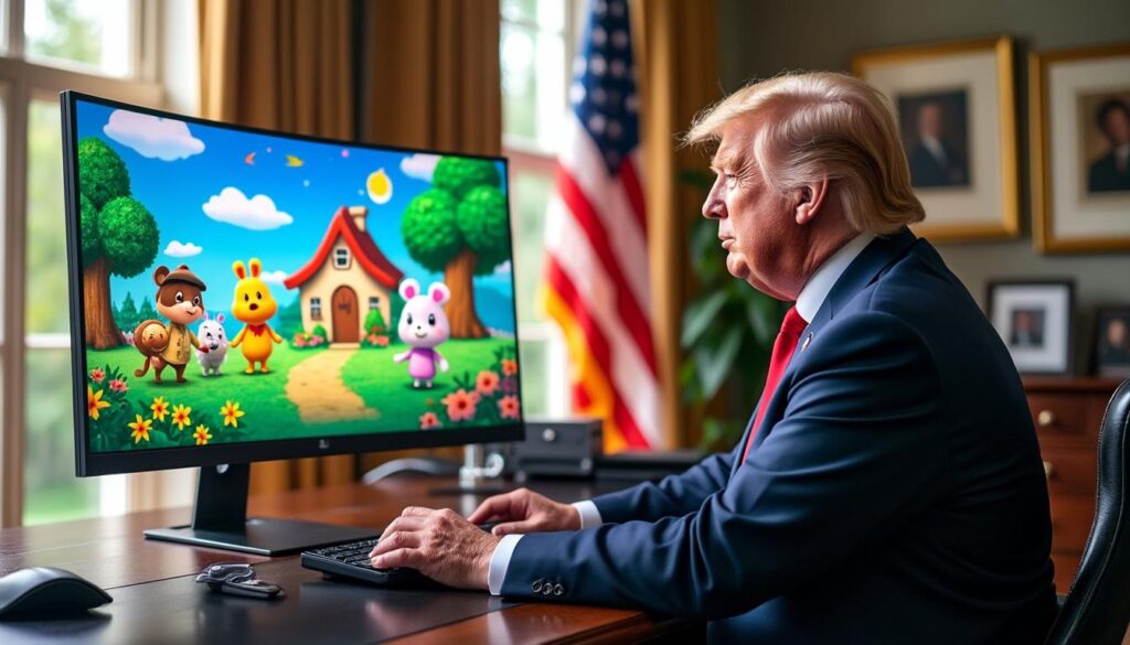 le président trump partage désormais des contenus originaux créés par intelligence artificielle, inspirés du jeu animal crossing, mêlant politique et univers ludique.