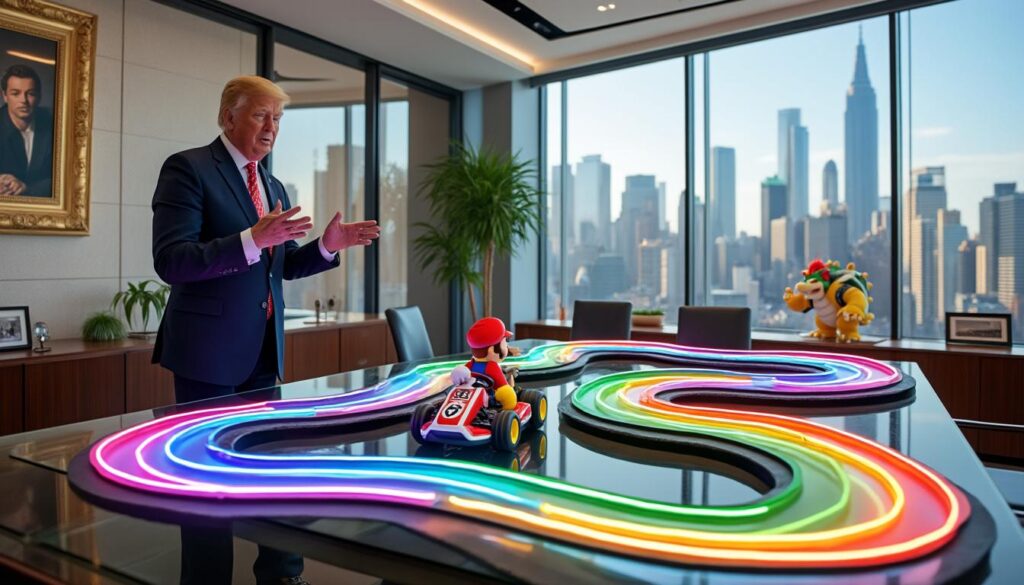 le maire de new york utilise une analogie avec mario kart pour expliquer sa politique, en affirmant qu'il faut surmonter les défis comme battre bowser sur la route arc-en-ciel.