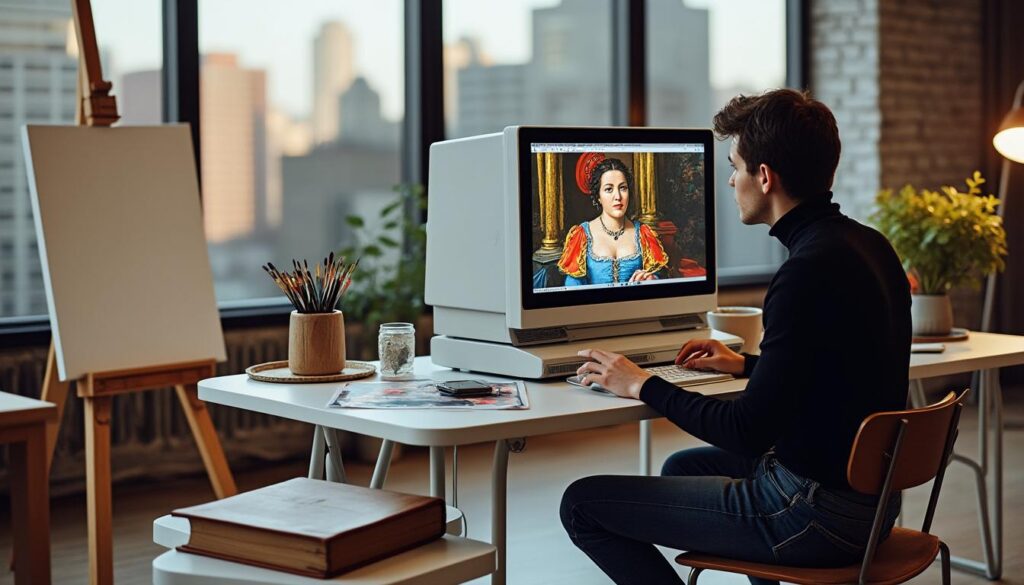 découvrez comment un artiste contemporain réinvente un chef-d'œuvre baroque du xviie siècle en utilisant le logiciel créatif kid pix, fusionnant art classique et technologie moderne.
