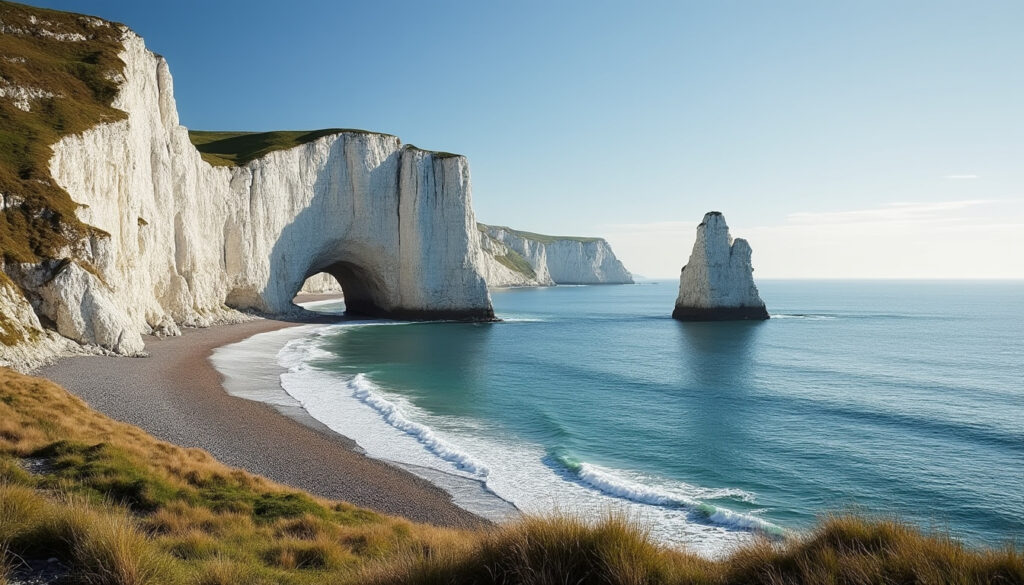 explorez les spectaculaires falaises d'étretat, un joyau naturel de la côte normande, célèbre pour ses arches impressionnantes et ses paysages à couper le souffle.