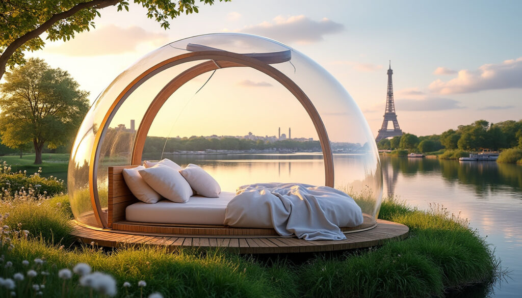 vivez une expérience unique en dormant dans une bulle transparente sur une île proche de paris. profitez d'un séjour insolite au cœur de la nature avec une vue imprenable sur le ciel étoilé.