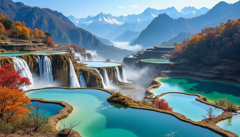 explorez huanglong, un site naturel spectaculaire en chine, célèbre pour ses piscines colorées, ses paysages montagneux et sa richesse culturelle, surnommé le « dragon jaune ».